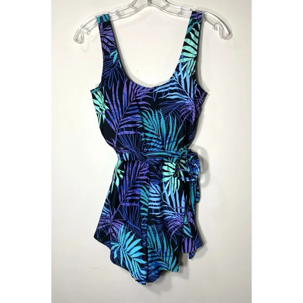 Blair Swimsuit Womens 10 One Piece Tank Black Purple Palm Tropical Print Boyleg